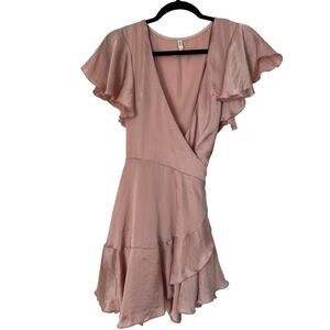 Lucy in the Sky Eliza Wrap Dress in Blush Satin Size L Flutter Sleeve Tiered